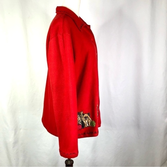 VINTAGE Take Two fleece shirt jacket button front cat applique red M - Picture 6 of 11